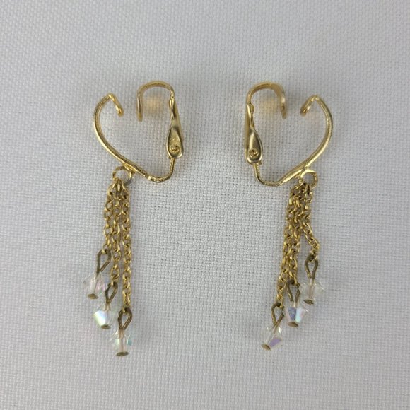 Vintage Gold Tone Chain AB Beads Clip On E…
